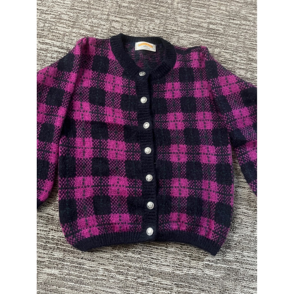 James Pringle Weavers Plaid Cardigan Magenta Black Wool Made in Scotland (91)